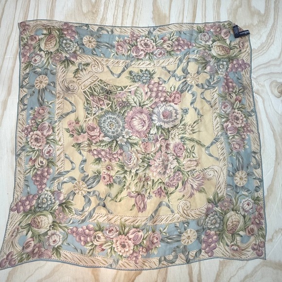 Ralph Lauren Accessories - Ralph Lauren Silk Square Scarf Blue Pink Floral Fruit Garden Made in Japan 34in